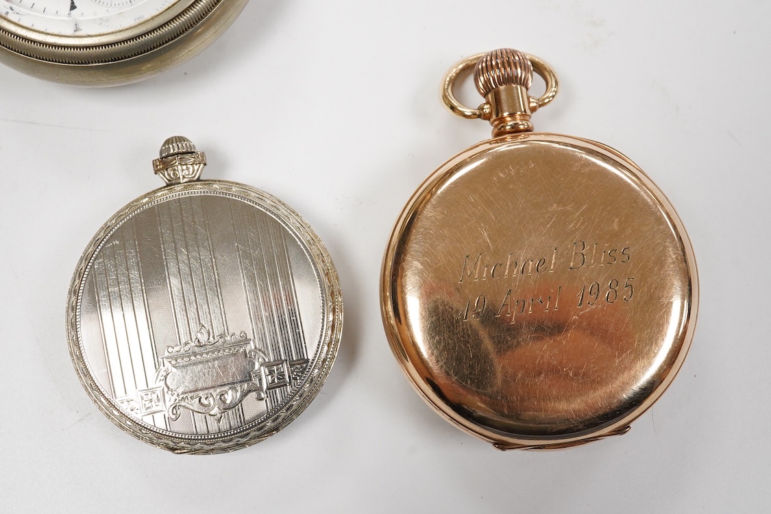 Two Waltham base metal keyless pocket watches including a dress pocket watch with Arabic dial and subsidiary seconds, together with a gold plated open faced keyless pocket watch and a base and gun metal 'Regulateur' open
